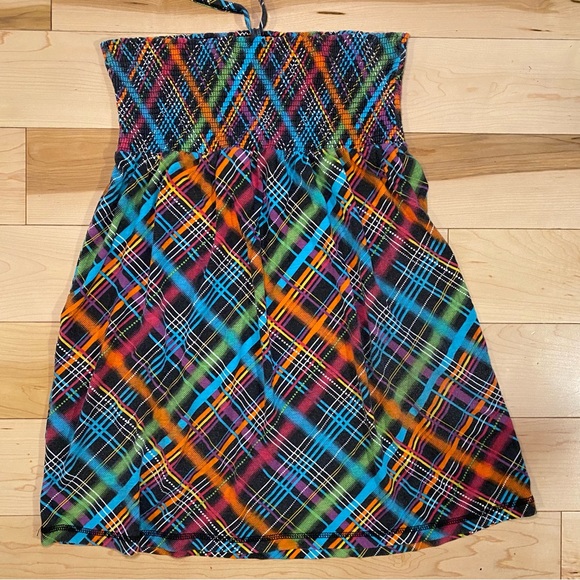 🤍 Y2K Colorful Plaid Smocked Halter Mini Dress OCEAN PACIFIC - Picture 2 of 9
